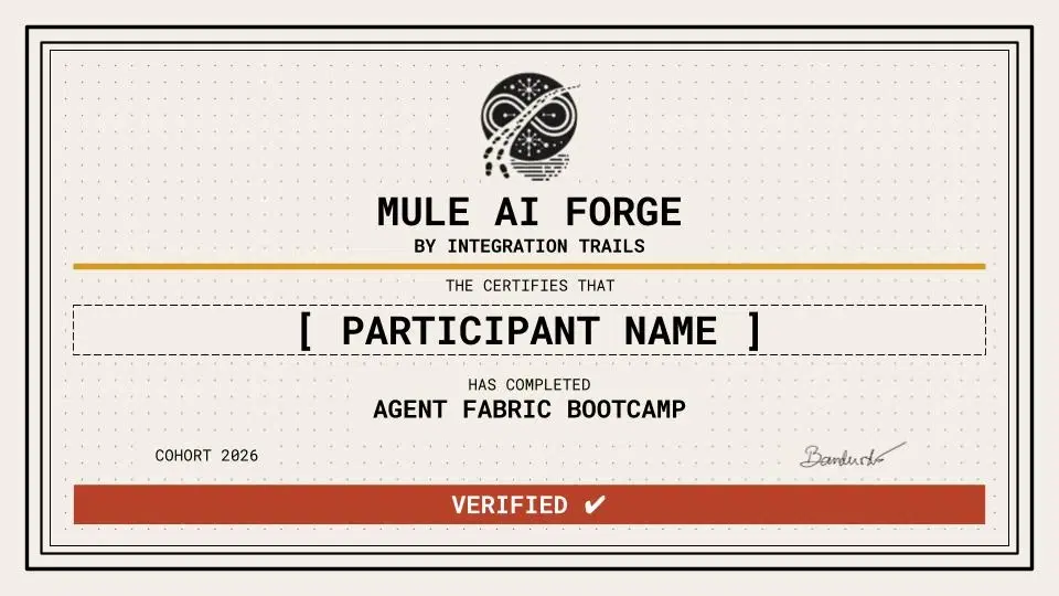 Mule AI Forge verified credential badge in brutalist technical design with thick outlines and monospace labels